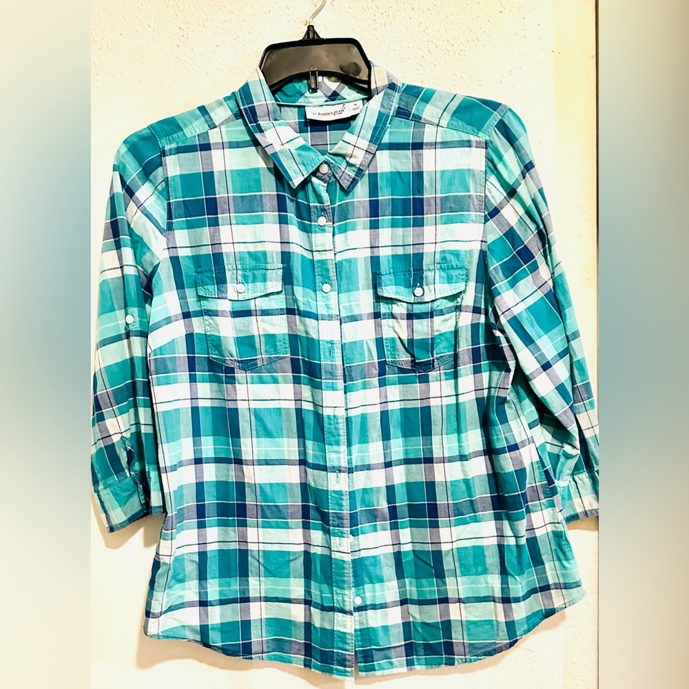 StJohns Blouse NWOT Bay 100% Cotton plaid Unisex,Sleeves up or long in one shirt